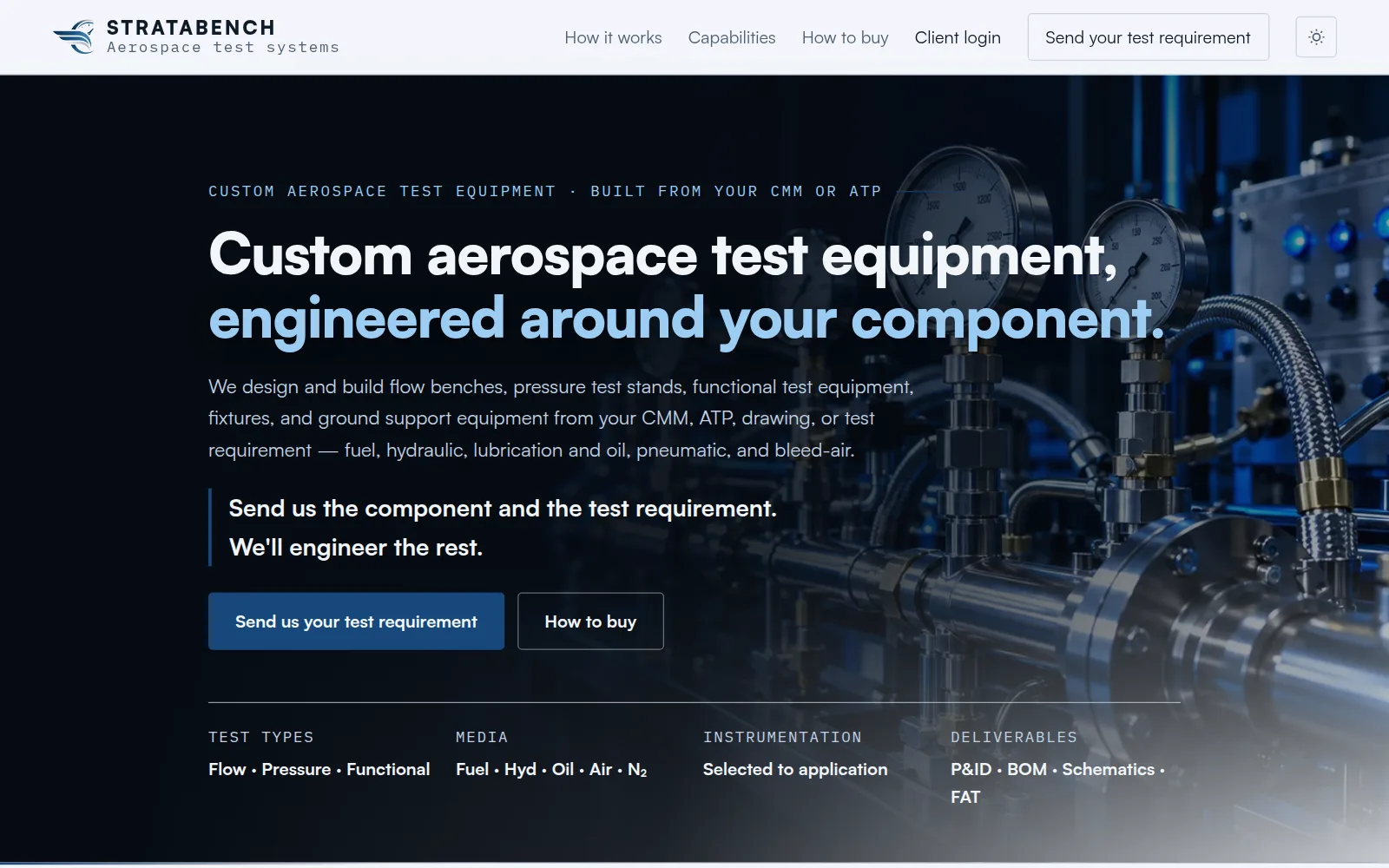 Stratabench homepage: custom aerospace test equipment engineered around your component