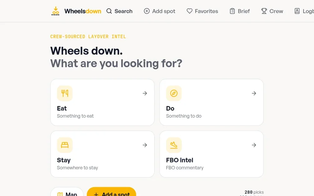Wheelsdown home screen with Eat, Do, Stay and FBO intel categories and top-rated crew picks